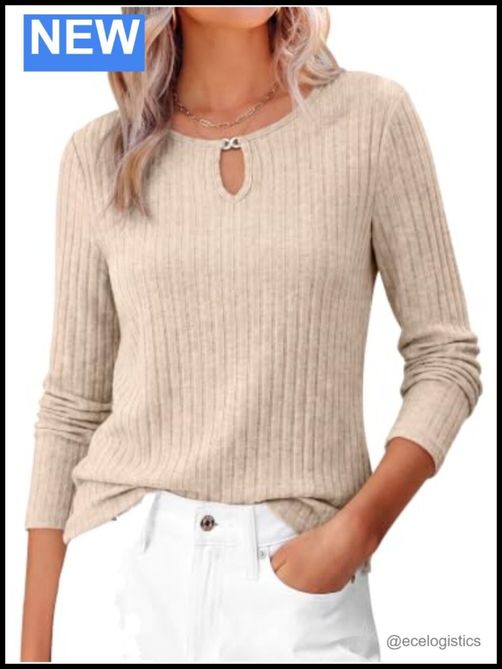 Long Sleeve Ribbed Knit Keyhole Neck Blouse Tunic Top